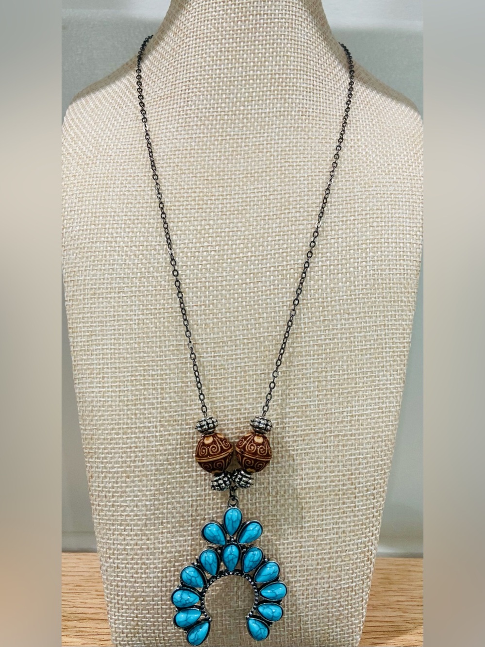 18” Hand Crafted Turquoise Blue Floral Crescent Necklace with Brown Accent Beads